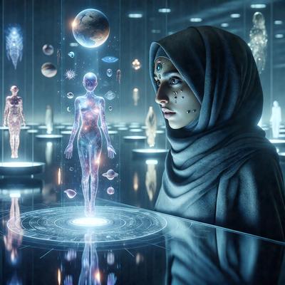 The primary subject of the image is a woman wearing a hooded robe, standing in a room with a large number of other people. The setting appears to be a futuristic environment, possibly a museum or an art gallery. The visual style of the image is a combination of photo and digital art, creating a unique and intriguing atmosphere. The dominant colors in the image are blue and purple, which contribute to the futuristic and mysterious mood of the scene.